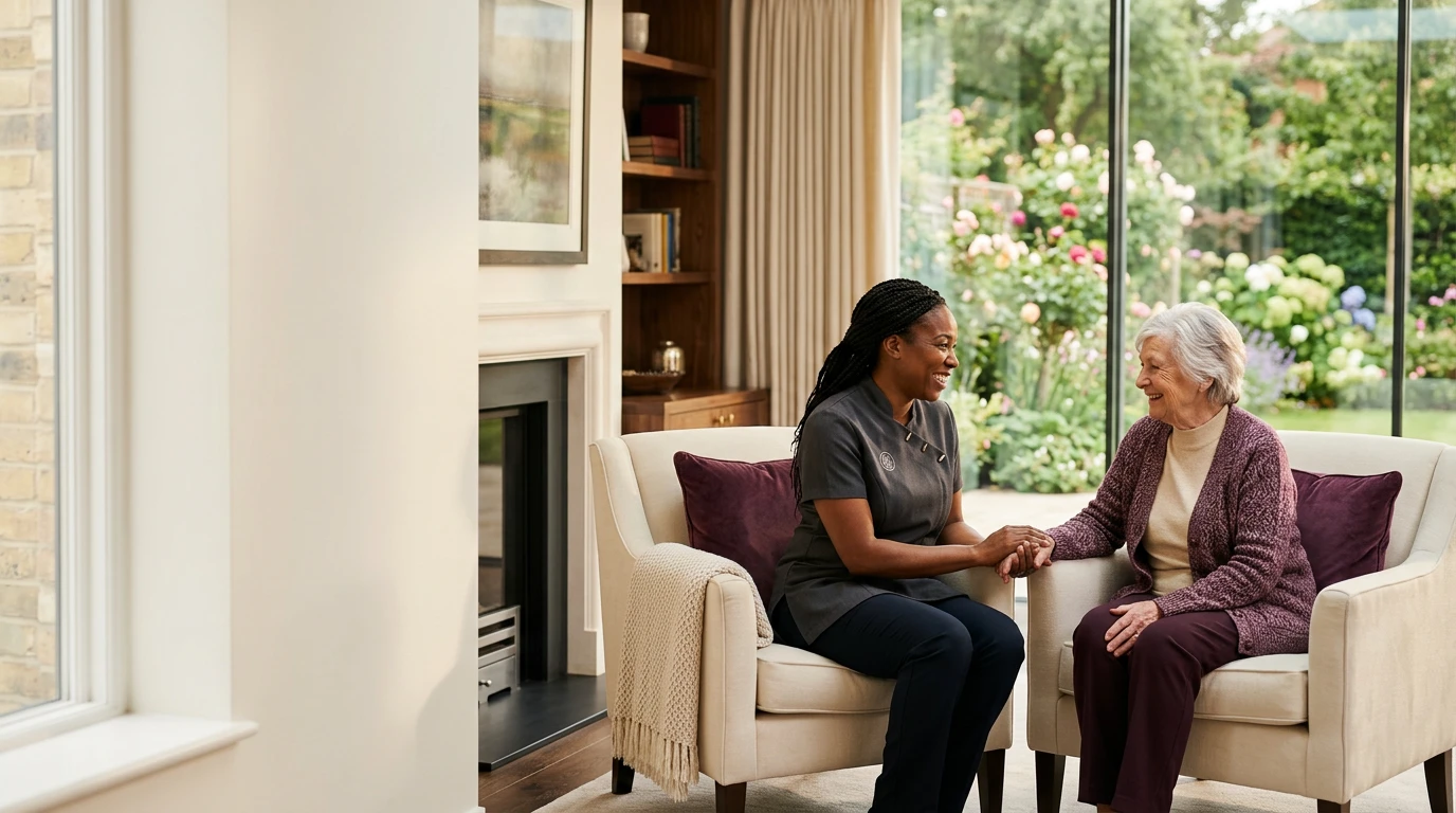 Professional carer holding hands with an elderly client in a bright living room