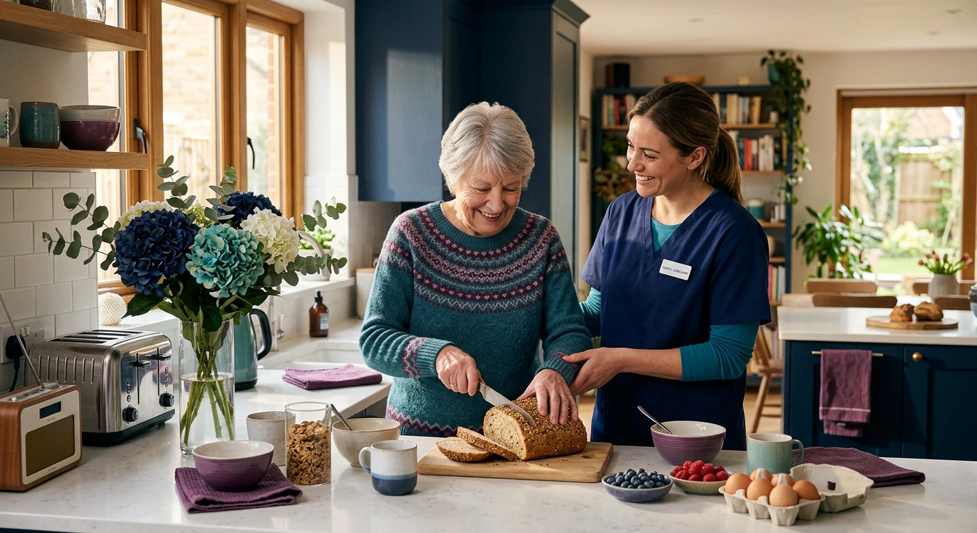 Carer supporting an elderly woman to prepare breakfast in her own kitchen